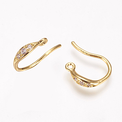 Real 18K Gold Plated Brass Cubic Zirconia Earring Hooks, with Horizontal Loop, Real 18K Gold Plated, 17x2x2mm, Hole: 1mm, 21 Gauge, Pin: 0.7mm