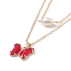 Red Glass Butterfly & Natural Pearl Pendants Double Layer Necklace with Clear Cubic Zirconia, Golden Brass Jewelry for Women, Red, 16.34 inch(41.5cm)