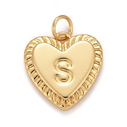 Letter S Rack Plating Real 18K Gold Plated Brass Pendants, with Jump Rings, Long-Lasting Plated, Lead Free & Cadmium Free & Nickel Free, Heart with Letter A~Z, Letter.S, 16x15x2.5mm, Jump Ring: 5x0.5mm, 3mm Inner Diameter