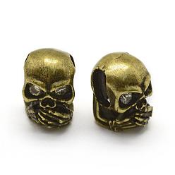 Antique Golden Brass Micro Pave Grade AAA Cubic Zirconia Beads, Cadmium Free & Nickel Free & Lead Free, Skull, Antique Golden Plated, 11x8x10mm, Hole: 3x6mm
