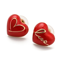 Roja Pendientes asimétricos esmaltados con corazón y palabra love, aretes de aleación dorada con 925 alfileres de plata esterlina para el día de San Valentín, rojo, 15.5x13 mm, pin: 0.6 mm