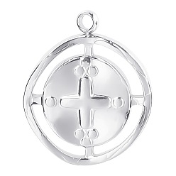 Stainless Steel Color Stainless Steel Pendants, Flat Round with Cross, Stainless Steel Color, 17x14mm, Hole: 1mm