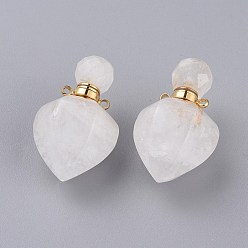 Quartz Crystal Faceted Natural Quartz Crystal Openable Perfume Bottle Pendants, Rock Crystal, with 304 Stainless Steel Findings, Peach Shape, Golden, 35~36x18~18.5x21~21.5mm, Hole: 1.8mm, Bottle Capacity: 1ml(0.034 fl. oz)