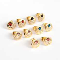 Mixed Color Flat Round Golden Tone 304 Stainless Steel Rhinestone Ear Studs, Mixed Color, 9mm, Pin: 0.6mm