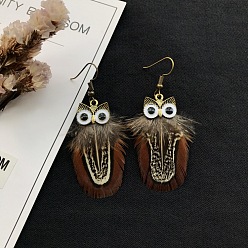 Coconut Brown Alloy Owl with Feather Dangle Earrings, Long Drop Earrings for Women, Coconut Brown, 50x50mm