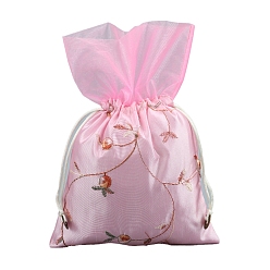 Perlas de Color Rosa Bolsas de flores con bordado de seda, bolsa con cordón, Rectángulo, rosa perla, 25x16 cm
