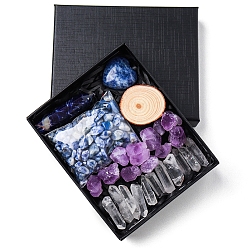 Sodalite Natural Sodalite & Quartz Crystal & Amethyst Bullet & Heart & Nugget & Chips Gift Box, Display Decorations, Pocket Worry Stone, Reiki Energy Stone Ornament, with Wood Slice, Package Size: 135x110x30mm