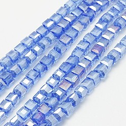Aciano Azul Abalorios de vidrio electrochapa, color de ab chapado, facetados, cubo, azul aciano, 3x3x3 mm, agujero: 1 mm