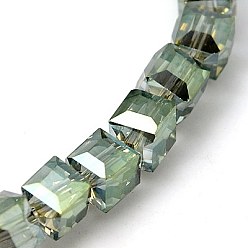 Dark Sea Green Electorplated Glass Beads, Rainbow Plated, Faceted, Cube, Dark Sea Green, 7x7x7mm, Hole: 1mm
