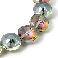 Light Khaki Electorplated Glass Beads, Rainbow Plated, Faceted, Flat Round, Light Khaki, 14x9mm, Hole: 1mm