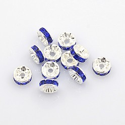 Blue Brass Rhinestone Spacer Beads, Grade A, Silver Color Plated, Rondelle, Blue, Size: about 8mm in diameter, 3.5mm thick, hole: 2mm