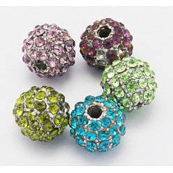Coloré Perles en alliage, avec strass de moyen-orient, ronde, argenterie, couleur mixte, taille: environ 9mm de diamètre, épaisseur de 8mm, Trou: 2mm