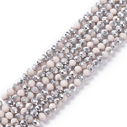 Misty Rose Electroplate Opaque Glass Beads Strands, Half Silver Plated, Faceted, Rondelle, Misty Rose, 8x6mm, Hole: 1mm, about 65~68pcs/strand, 15.7~16.1 inch(40~41cm)