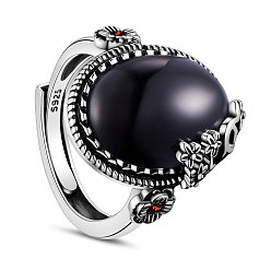 Black SHEGRACE Adjustable 925 Sterling Silver Finger Ring, with Black Corundum, Flower, Size 9, Black, 19mm