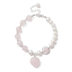 Rose Quartz Natural Rose Quartz Heart Charm Bracelet with Natural Pearl Beaded Chains for Women, 7-5/8 inch(19.4~19.5cm)