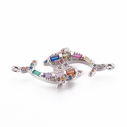 Platinum Brass Micro Pave Cubic Zirconia Links, Double Dolphin, Colorful, Platinum, 15x33x3mm, Hole: 1mm