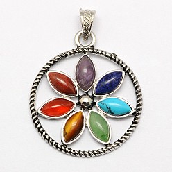 Mixed Stone Vintage Chakra Jewelry Alloy Bezel Gemstone Pendants, Circle with Flower of Life/Sacred Geometry, Antique Silver, 46x40x4mm, Hole: 7x4mm