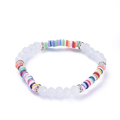 White Kids Stretch Bracelets, with Polymer Clay Heishi Beads, Faceted Glass Beads and Brass Rhinestone Beads, White, Inner Diameter: 1-7/8 inch(4.7cm)