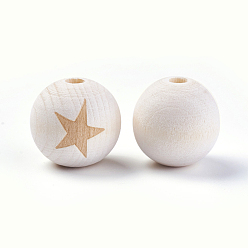 Bois Solide Perles de bois non finies, perles en bois naturel, ronde avec des étoiles, burlywood, 19~20mm, Trou: 4~5mm