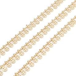 Real 18K Gold Plated Brass Link Chains, with Smiling Face Charms, Unwelded, with Spool, Real 18K Gold Plated, 3x2x0.4mm