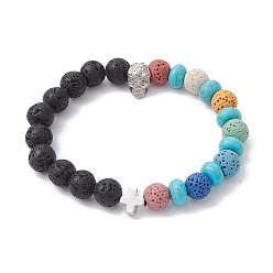 Lave Bracelets extensibles en pierre de lave naturelle et perles turquoise synthétiques, bracelet tête de mort croix en laiton pour femme, diamètre intérieur: 2-1/8 pouce (5.5 cm)