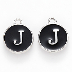 Letter J Platinum Plated Alloy Charms, Cadmium Free & Lead Free, with Enamel, Enamelled Sequins, Flat Round with Letter, Letter.J, 14x12x2mm, Hole: 1.5mm