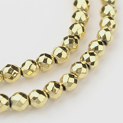Golden Plated Eco-Friendly Long-Lasting Plated Non-magnetic Synthetic Hematite Smooth Beads Strands, Faceted Round, Golden Plated, 3mm, Hole: 1mm, about 135pcs/strand, 15.5 inch