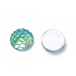 Cyan Resin Cabochons, Flat Round with Mermaid Fish Scale, Cyan, 12x3mm