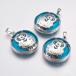 Synthetic Turquoise Synthetic Turquoise Pendants, with Platinum Tone Brass Findings, Flat Round with Owl, 31.5x27x6mm, Hole: 5x8mm