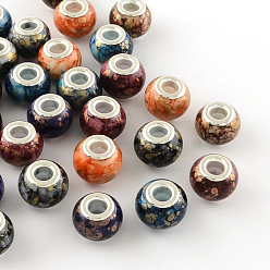 Mixed Color Rondelle Spray Painted Glass European Large Hole Beads, with Silver Color Plated Brass Cores, Mixed Color, 14~15x11~12mm, Hole: 5mm