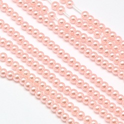 Бледно-Розовый Круглые бусины из экологически чистого окрашенного стекла с жемчугом, хлопковый шнур , розовый жемчуг, 4~4.5 мм, отверстие : 0.7~1.1 мм, около 104 шт / нитка, 15 дюйм