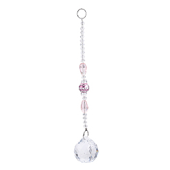 Pink Faceted Crystal Glass Ball Chandelier Suncatchers Prisms, with Alloy Beads, Pink, 190mm