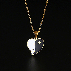 Cœur Colliers avec pendentif yin yang en acier inoxydable et émail pour femmes, cœur, 15.75 pouce (40 cm)