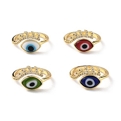 Mixed Color Lampwork Evil Eye Cuff Ring with Clear Cubic Zirconia, Real 18K Gold Plated Brass Jewelry for Women, Mixed Color, Inner Diameter: 18mm