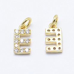 Real 18K Gold Plated Brass Micro Pave Grade AAA Cubic Zirconia Charms, Letter E, Cadmium Free & Nickel Free & Lead Free, Real 18K Gold Plated, 9x4.5x1.5mm, Hole: 2mm