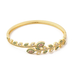 Real 16K Gold Plated Colorful Cubic Zirconia Leaf Hinged Bangle, Brass Jewelry for Women, Real 16K Gold Plated, Inner Diameter: 2-3/8x2 inch(5.9x5.1cm)