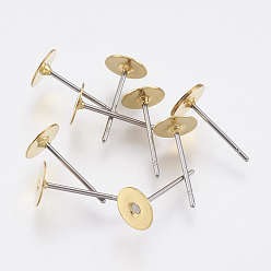 Raw(Unplated) Stud Earring Settings, Brass Flat Round Tray and Stainless Steel Pin, Unplated, Tray: 6mm, Pin: 12mm