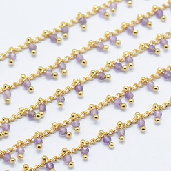 Amethyst Natural Amethyst Handmade Beaded Chains, Soldered, Lead Free & Cadmium Free, with Brass Findings, Real 18K Gold Plated, Long-Lasting Plated, Faceted Round, 6~7x2~3mm