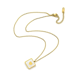 Golden Natural Shell Square with Heart Pendant Necklace, with Ion Plating(IP) 304 Stainless Steel Cable Chains, Golden, 15.79 inch(40.1cm)