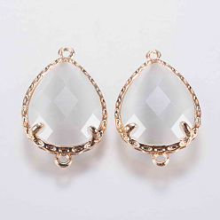 Ghost White Glass Links connectors, with Brass Finding, Faceted, teardrop, Golden, Ghost White, 23.5x14.5x5mm, Hole: 0.8mm