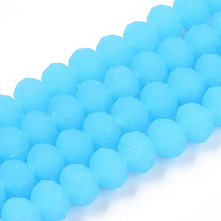 Deep Sky Blue Imitation Jade Solid Color Glass Beads Strands, Faceted, Frosted, Rondelle, Deep Sky Blue, 10mm, Hole: 1mm
