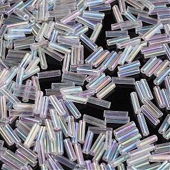 Clear Glass Bugle Beads, Transparent Colours Rainbow, Clear, 12x2mm, Hole: 0.5mm, about 5000pcs/bag