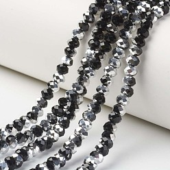 Black Electroplate Transparent Glass Beads Strands, Half Silver Plated, Faceted, Rondelle, Black, 6x5mm, Hole: 1mm, about 92~94pcs/strand, 17~17.5 inch(42.5~43.75cm)
