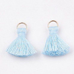 Light Blue Polycotton(Polyester Cotton) Tassel Pendant Decorations, with Iron Findings, Light Gold, Light Blue, 20~30x7~8mm, Hole: 5mm