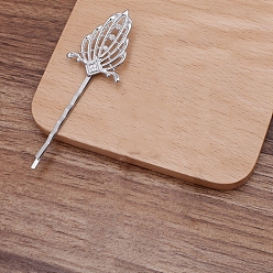 Platinum Iron Hair Bobby Pin Findings, with Flower Brass Findings, Platinum, 81x27x5mm