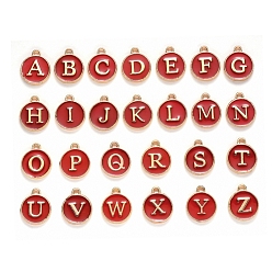 Темно-Красный Буквица a ~ z алфавит эмалевые брелоки, плоские круглые диски двусторонние брелоки, позолоченные эмалированные подвески из сплава с пайетками, темно-красный, 14x12x2 мм, отверстие : 1.5 мм, 26 шт / комплект