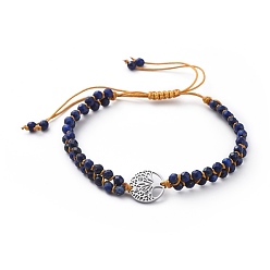 Lapis Lazuli Adjustable Nylon Thread Braided Beads Bracelets, with Natural Lapis Lazuli(Dyed) Beads and 316 Surgical Stainless Steel Micro Pave Cubic Zirconia Links, Flat Round with Tree of Life, 7-1/2 inch~13-3/8 inch(19~34cm)