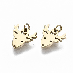 Real 14K Gold Plated 304 Stainless Steel Charms, Laser Cut, with Jump Ring, Christmas Reindeer/Stag, for Christmas, Real 14K Gold Plated, 8x8x1mm, Jump Ring: 3x0.4mm, 2.2mm inner diameter