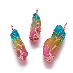 Coloré Galvanisez de gros pendentifs enveloppés de fil de cristal de quartz naturel, avec les accessoires en laiton, balle, or rose, colorées, 45~77x12~22x10~20mm, Trou: 4~7mm