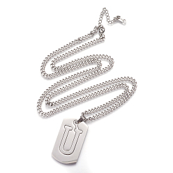 Letter U 304 Stainless Steel Split Initial Pendant Necklaces, with Lobster Claw Clasps and Curb Chains, Rectangle with Letter, Letter.U, 27.55 inch(70cm), Pendant: 41x23x2mm